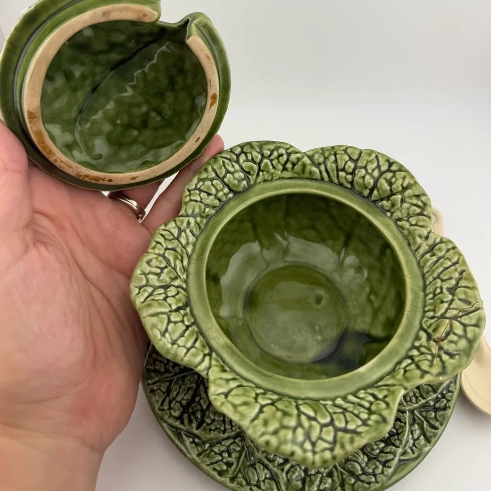Costa Pereira Cabbage Leaf Tureen Set OS Green Majolica Portugal Vintage